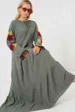 Nakışlı Uzun Elbise 2534 - Haki