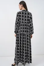 Kadın Desenli Uzun Tesettür Elbise 2585 - Siyah1