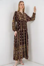 Kadın Desenli Uzun Tesettür Elbise 2585 - Düz Kahverengi