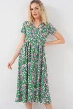 Women's Buttoned-Down Short Sleeve Floral Dress 2561 - Green