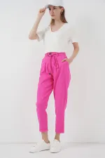 6660 Kemerli Keten Pantolon - Fuşya