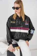 0698 Printed Faux Leather Bomber Jacket - Black - Purple