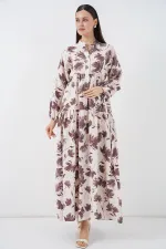 Kadın Lilyum Kumaş Uzun Tesettür Elbise 2593 - Kahverengi