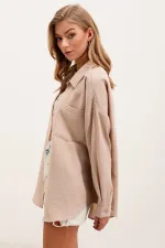 20153 Single Pocket Oversize Linen Shirt - Beige 20153 Single Pocket Oversize Linen Shirt - Beige