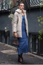 5163 Kapüşonlu Oversize Şişme Mont - Bej