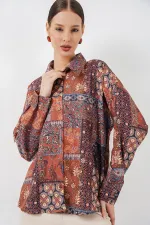 Women's Oversize Patterned Satin Shirt 20365 - Terracotta