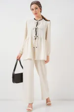 Kadın Önü Bağcıklı Tunik Pantolon İkili Takım 6744 - Ekru