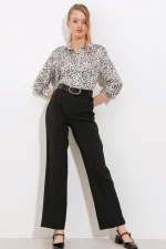Women's Black High-Waisted Fabric Trousers 6584