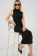 Robe drapée plissée à manches zéro pour femme 2579 - Noir