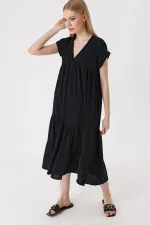 2398 V-Neck Ruffled Dress - Black