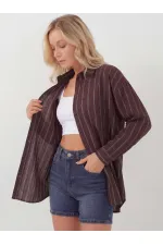Kadın Çizgili Oversize Gömlek 20293 - Kahverengi