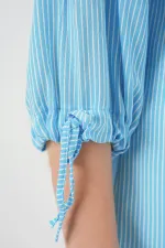 Kadın Çizgili Oversize Kısa Kol Gömlek 20296 - Mavi