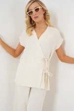 Ensemble deux pièces Ayrobin à manches courtes et lacets pour femme 6741 - Crème