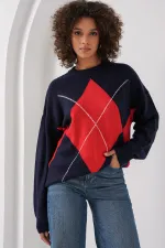 Pull oversize en maille à motif baklava 15895 - Bleu marine