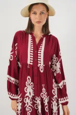 Kadın Desenli Uzun Tesettür Elbise 2585 - A.Bordo