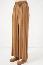 Women's Wide Leg Trousers with Elastic Waistband 30087 - Tan Women's Wide Leg Trousers with Elastic Waistband 30087 - Tan