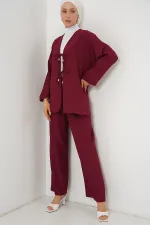 Kadın Keten Kimono İkili Takım 6727 - Bordo
