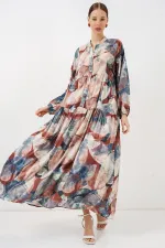 Kadın Desenli Uzun Tesettür Elbise 2585 - A. Kiremit