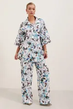 6607 Patterned Linen Two-Piece Set - Blue