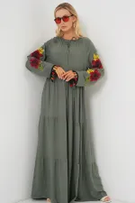 Nakışlı Uzun Elbise 2534 - Haki