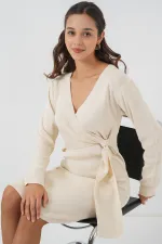 Kadın Kruvaze Yaka Triko Elbise 15928 - Ekru