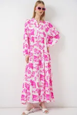 Women's Patterned Long Hijab Dress 2585 - Pink