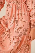 2145 Desenli Tesettür Elbise - Pudra