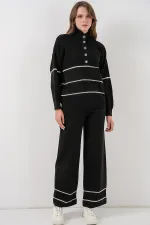 Kadın Çizgili Oversize Triko İkili Takım 15957 - Siyah