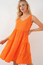 Kadın Sıfır Kol Düğmeli Kısa Elbise 2571 - Turuncu