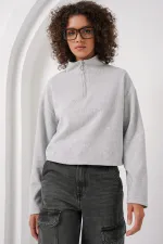 55449 Zippered Collar Knitted Sweatshirt - Gray