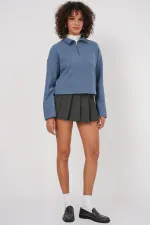 55449 Zippered Collar Knitted Sweatshirt - Indigo