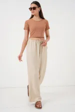 Kadın Geniş Paça Keten Pantolon 6735 - Krem