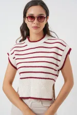 Kadın Çizgili Triko Süveter 15926 - Bordo