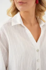 Kadın Çizgili Oversize Kısa Gömlek 20326 - Beyaz