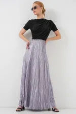 Women's Long Crinkle Shiny Skirt 8034 - Gray