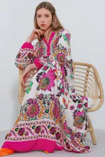 Robe hijab en viscose à motifs crème fuchsia pour femme 2423