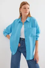Chemise oversize en lin à poche unique 20153 - Bleu clair