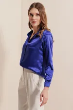 3964 Hafif Dökümlü Saten Gömlek - Saks