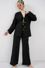 Kadın Keten Kimono İkili Takım 6727 - Siyah