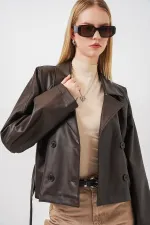 Kadin Kısa Suni Deri Ceket 1058 - Kahverengi