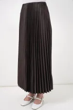 8009 Deri Görünümlü Piliseli Etek - Kahverengi