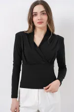 Kadın Omuz Vatkalı Kruvaze Yaka Bluz 942 - Siyah