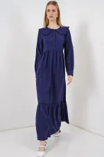 Kadın Bebe Yaka Uzun Tesettür Elbise 2592 - Lacivert