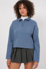 55449 Zippered Collar Knitted Sweatshirt - Indigo