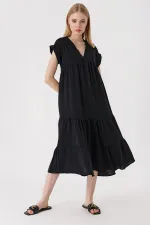 2398 V-Neck Ruffled Dress - Black