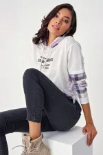 4245 Ekose Detaylı Kapşonlu Sweatshirt - Beyaz