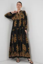 Black Gold Patterned Hijab Dress 2423