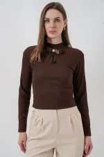 Women's Ribbon Detail Long Sleeve Blouse 977 - Brown