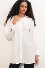Women's Wide Collar Ruffle Detail Striped Tunic Shirt 5993 - White