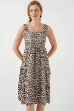 Kadın Desenli Askılı Midi Elbise 2577 - C. Kahverengi